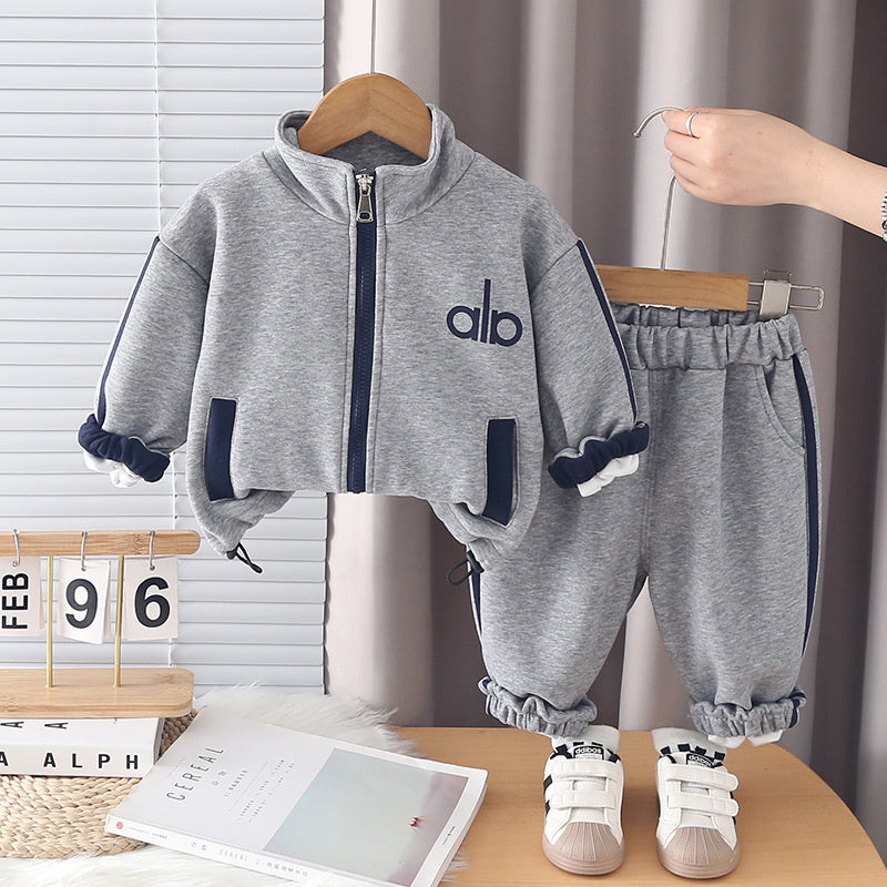 Children's Outfit Baby Sleeve Long Pants 2026 Spring and Autumn New Style Boys' Stand Collar Solid Color Letter Print Jacket Two-Piece Set
