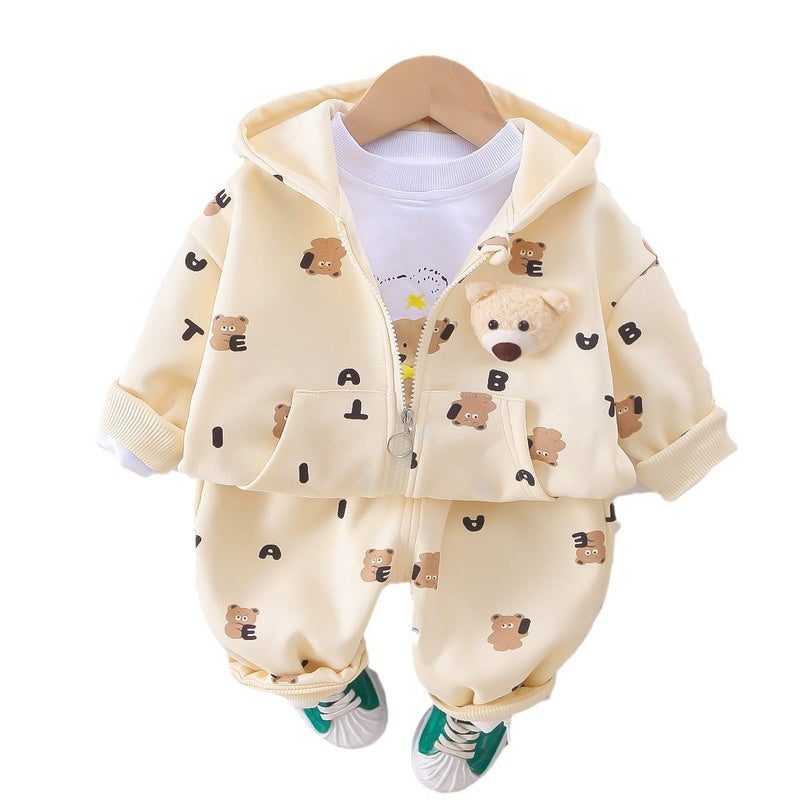 Children's Cartoon Hooded 2025 New Korean Version Boys Girls Spring and Autumn Full Print Bear Jacket Three-Piece Set