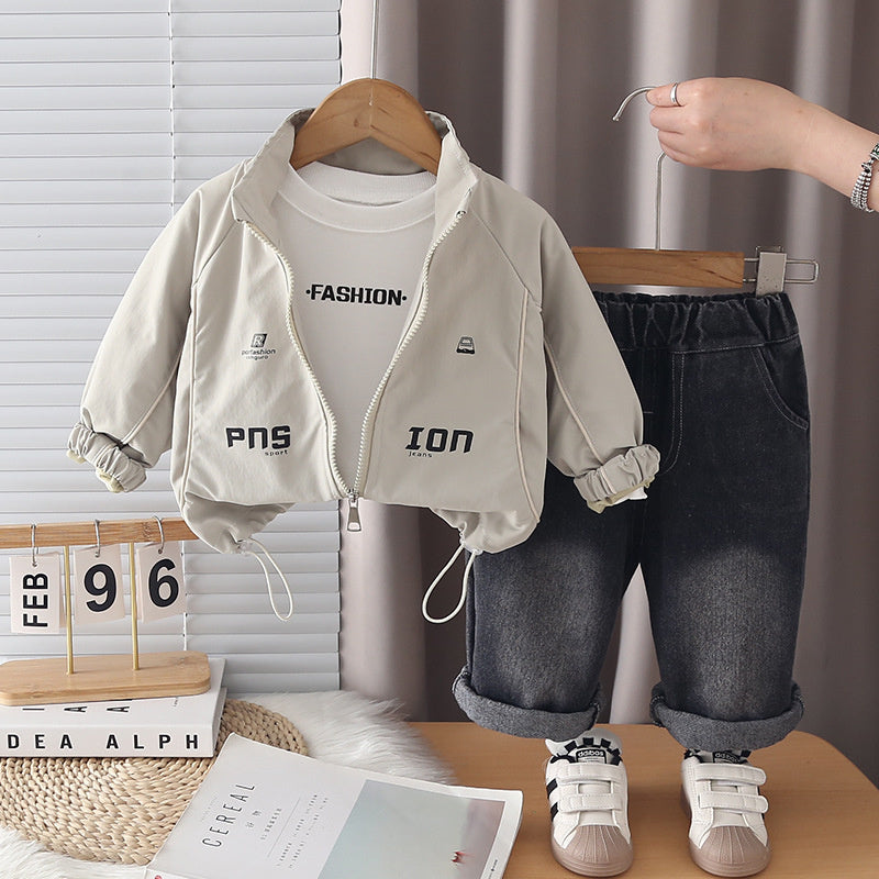 Boys' Autumn Casual Striped Letter Three-Piece Set 2026 New Korean Style Stylish Baby Clothing Outfit Trendy