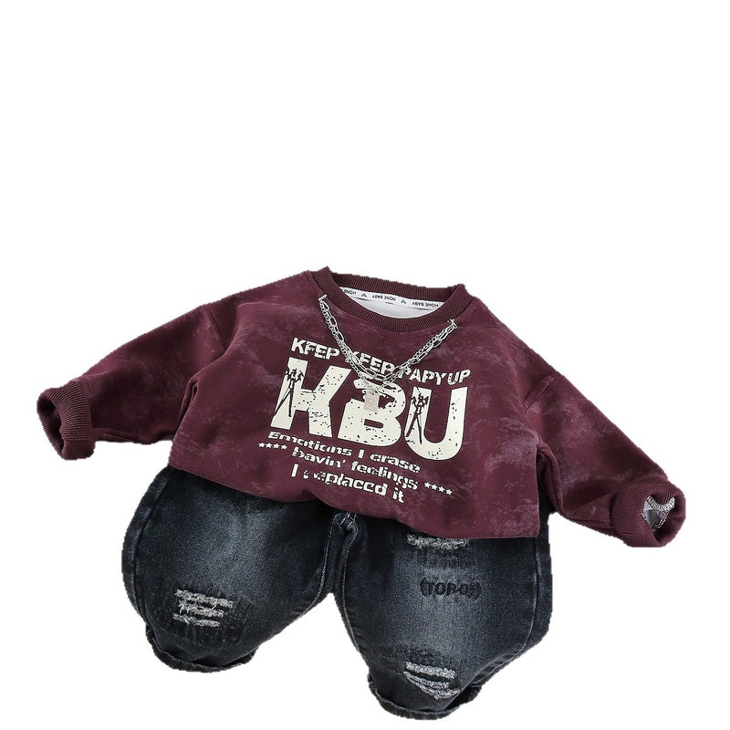Boys' Spring and Autumn Outfit 2026 New Fashionable Infant Children's Clothing Baby Casual Long Sleeve Two-Piece Set with Chain