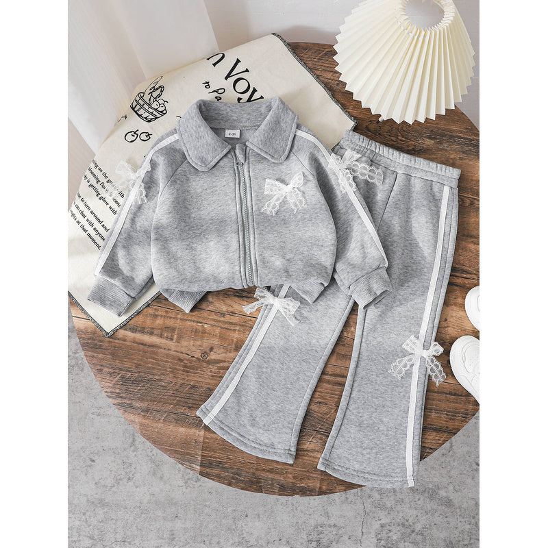 Autumn Girls' Gray Sports Lapel Zipper Cardigan + Flared Pants Lace Bow Children's Two-Piece Set