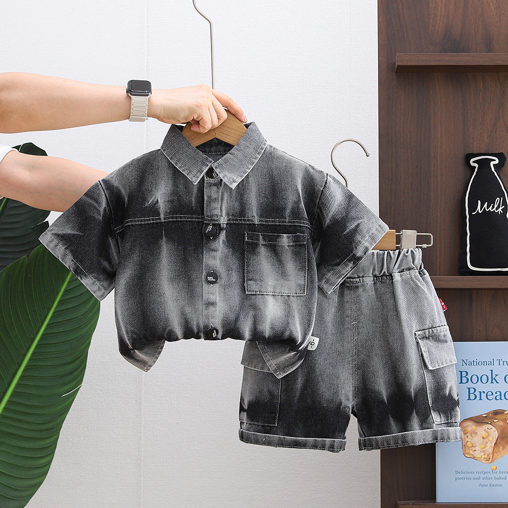 Boys' Outfit: Short-Sleeve Tie-Dye Denim Shirt Two-Piece Set, 2026 New Fashionable Thin Summer Style for Babies
