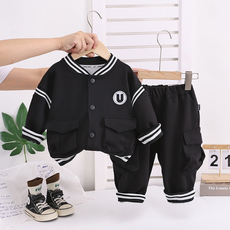 Boys' Spring and Set 2025 New Children's Stylish Letter Baseball Jacket Two-Piece Baby Autumn Casual