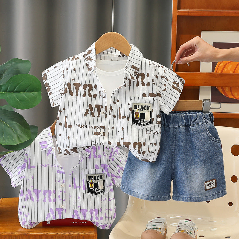 Boys' Outfit 2026 Stylish Thin Short-Sleeve Summer Suit for Boys, Children's Vertical Stripe Letter Shirt Three-Piece Set