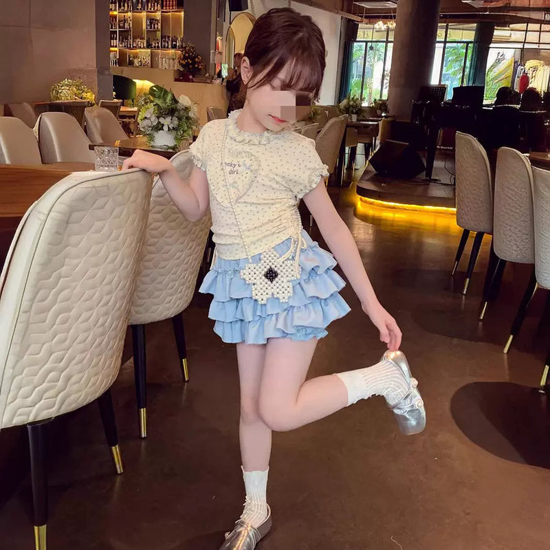 24060 Girls' Summer New Children's Clothing 2024 Baby Girl Heart-Shaped Floral Print Puffy Cake Skirt Two-Piece Set