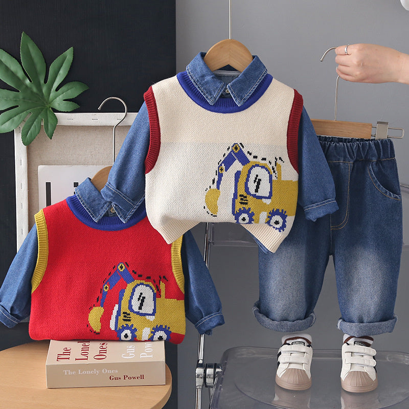 Boys' Autumn Outfit 2026 New Fashionable Spring-Autumn Children's Sweater Three-Piece Set Baby Clothes Wholesale