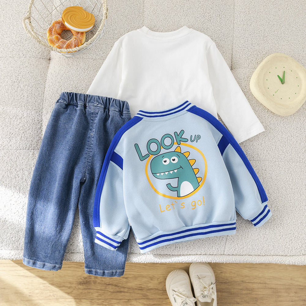 2025 Spring New Baseball Jacket Boys' Cartoon Korean Style Set Denim Huzhou Zhili Children's Clothing