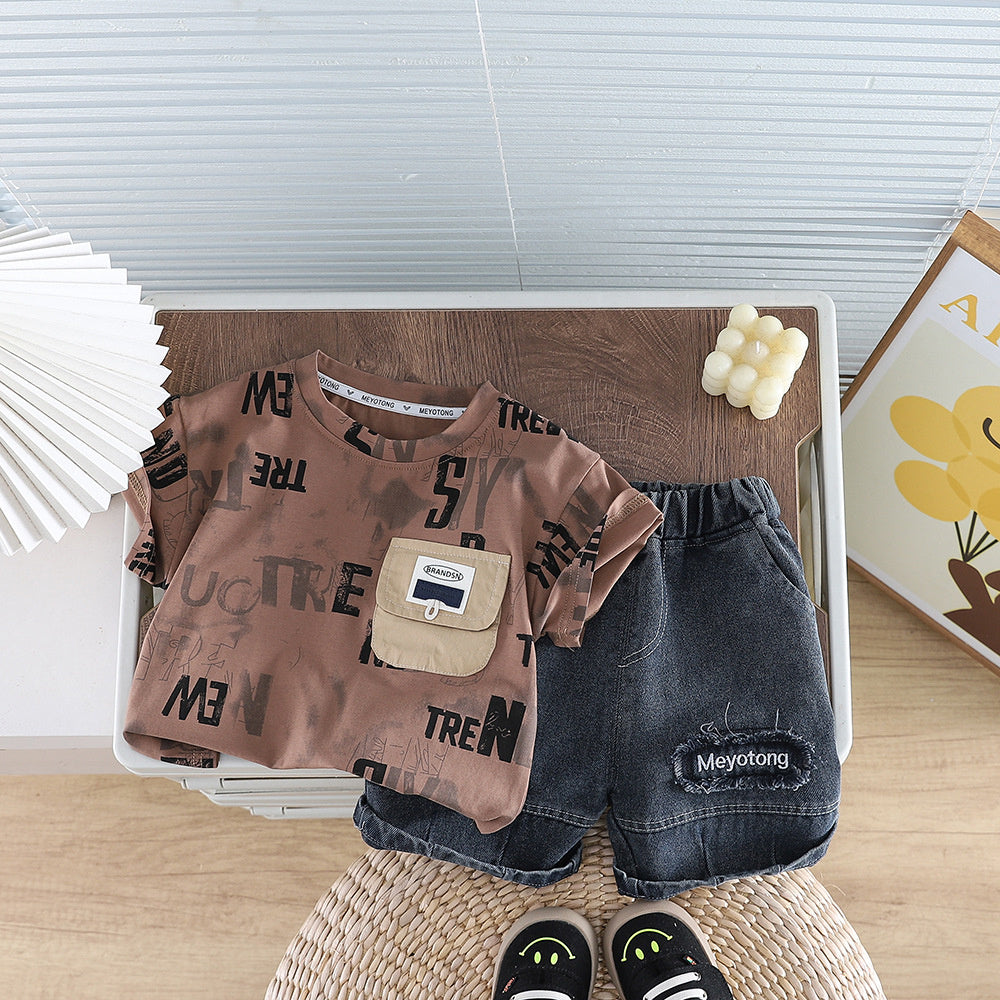 Boys' Outfit 2026 New Short-Sleeve Stylish Toddler Summer Clothes Letter Pocket Round Neck Two-Piece Set Baby Trendy