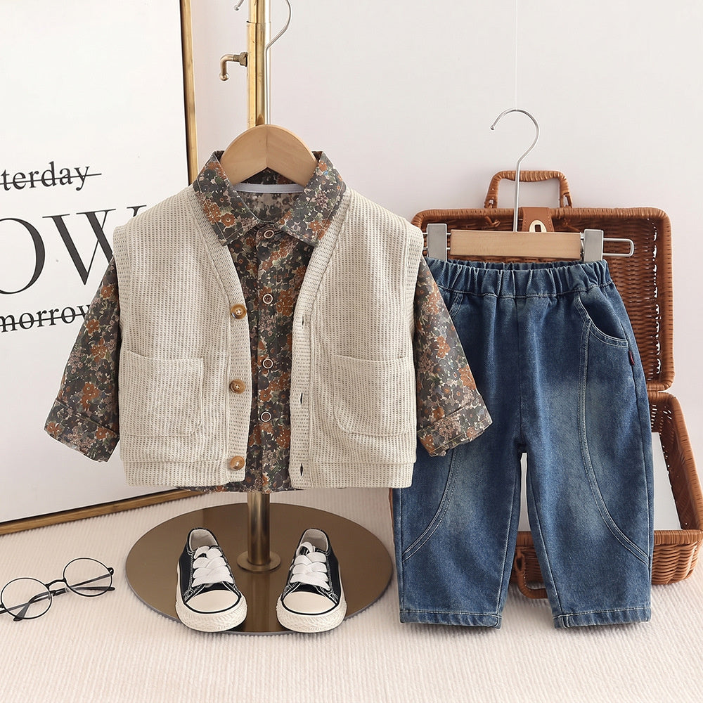Boys' Outfit 2026 New Collection Baby Floral Shirt Vest Three-Piece Set Children's Stylish Spring and Autumn Clothes Trendy