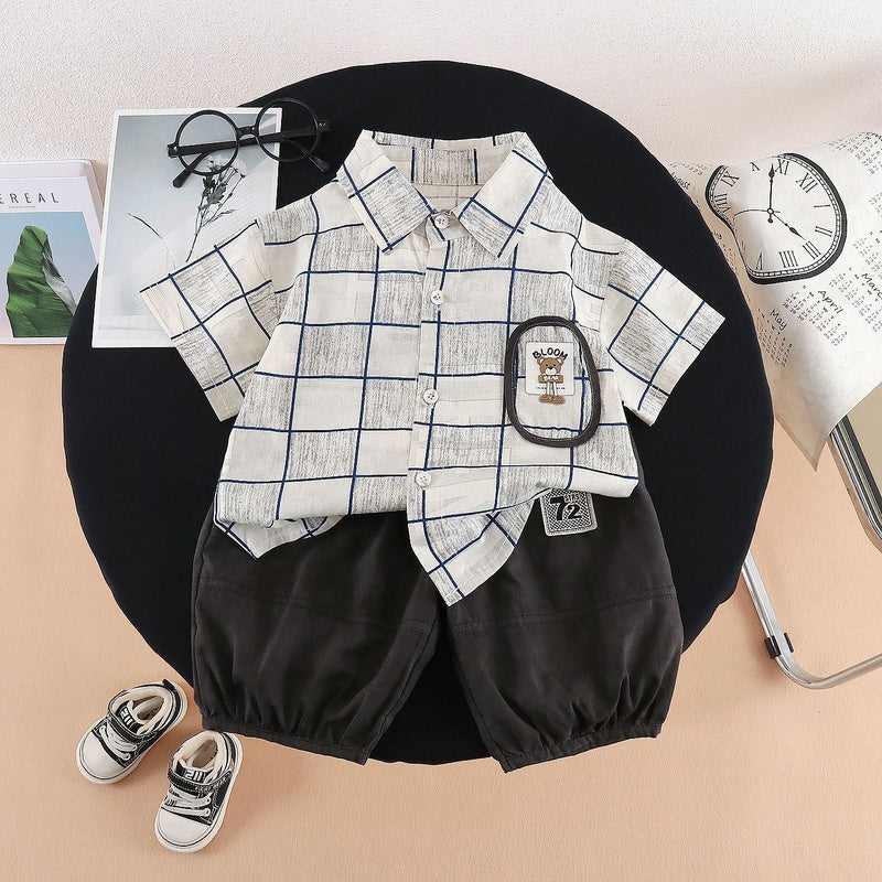 Children's Shorts Set 2026 Summer New Style Shirt Checkered Two-Piece Outfit Boys' Short Sleeve