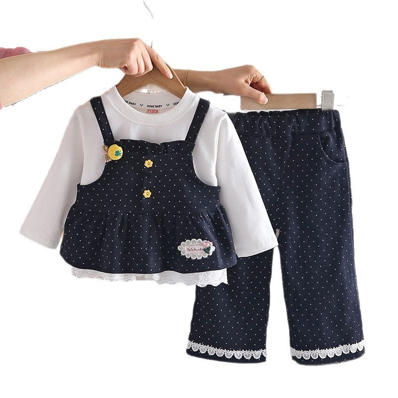 New stylish spring and autumn outfit girls, trendy three-piece set with polka dot overalls for baby girls