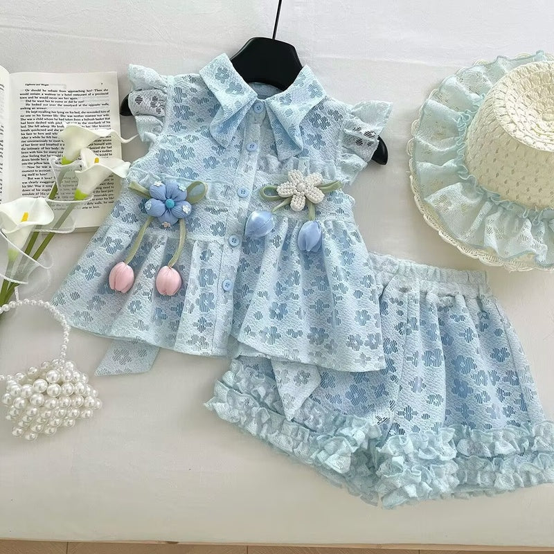 Summer Girls' Outfit 2025 New Floral Vest Top and Lace Shorts Two-Piece Set for Baby Girls Princess