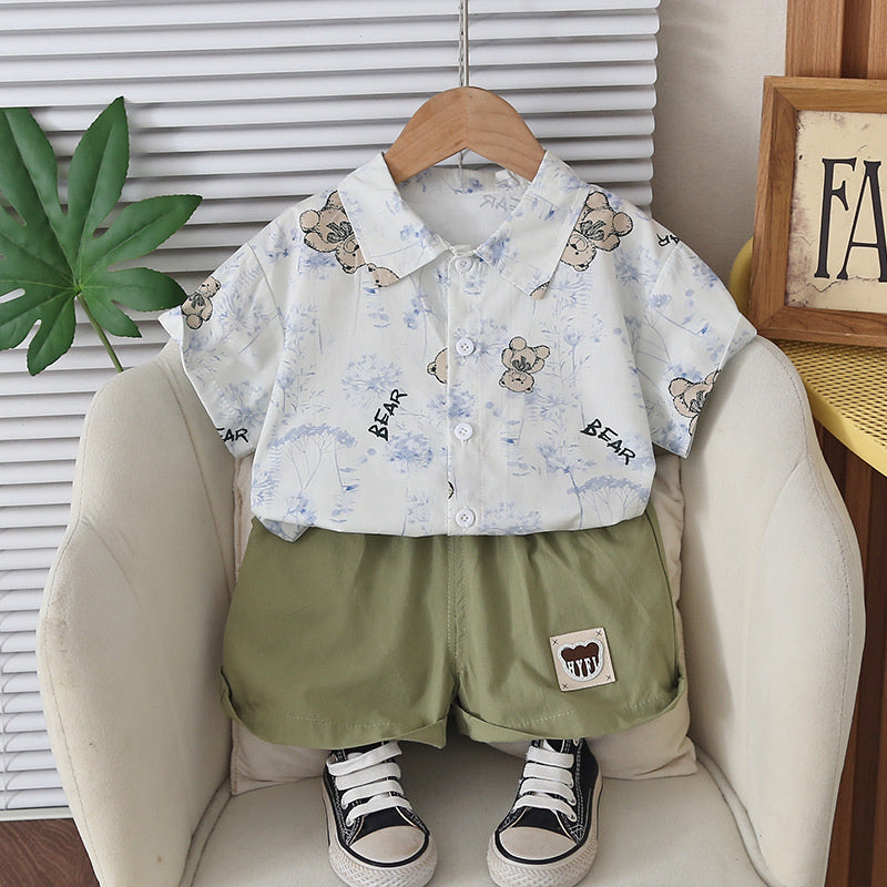Boys' Outfit 2026 New Short-Sleeve Stylish Toddler Summer Wear Bear Shirt Two-Piece Set Baby Trendy Clothes