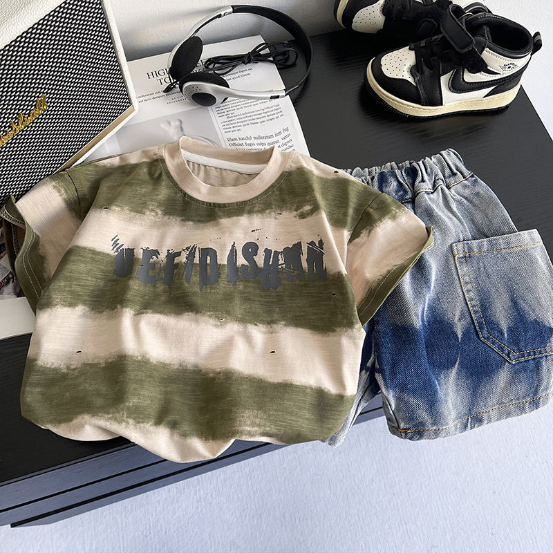 Baby Boy Outfit 2026 New Children's Summer Clothes 1-3 Years Old 5-Stripe Large Letter Short Sleeve Two-Piece Set Trendy