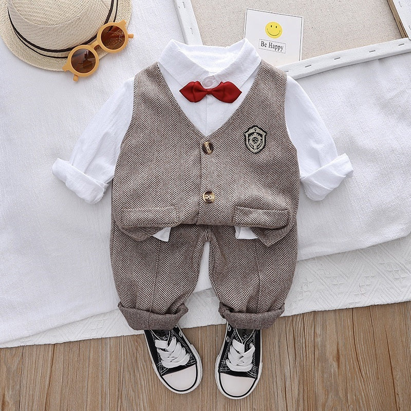 Small Medium Boys Spring and Autumn Korean Version Handsome Baby Plaid Vest Shirt Three-Piece Suit Long Sleeve Set Manufacturer Wholesale
