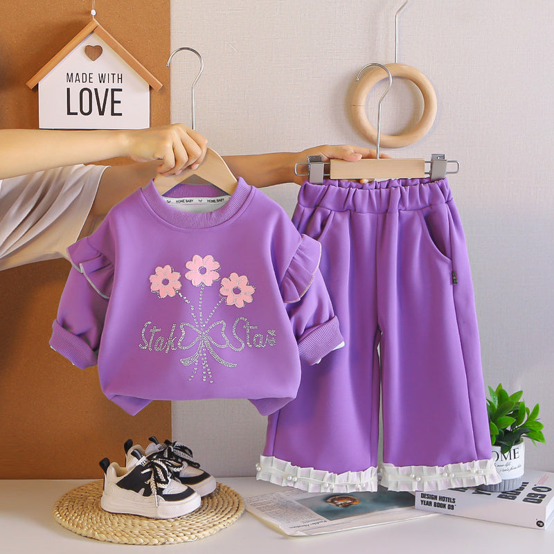 Girls' Autumn Outfit 2026 New Stylish and Fashionable Baby Girl Rhinestone Flower Sweatshirt Two-Piece Set Wholesale