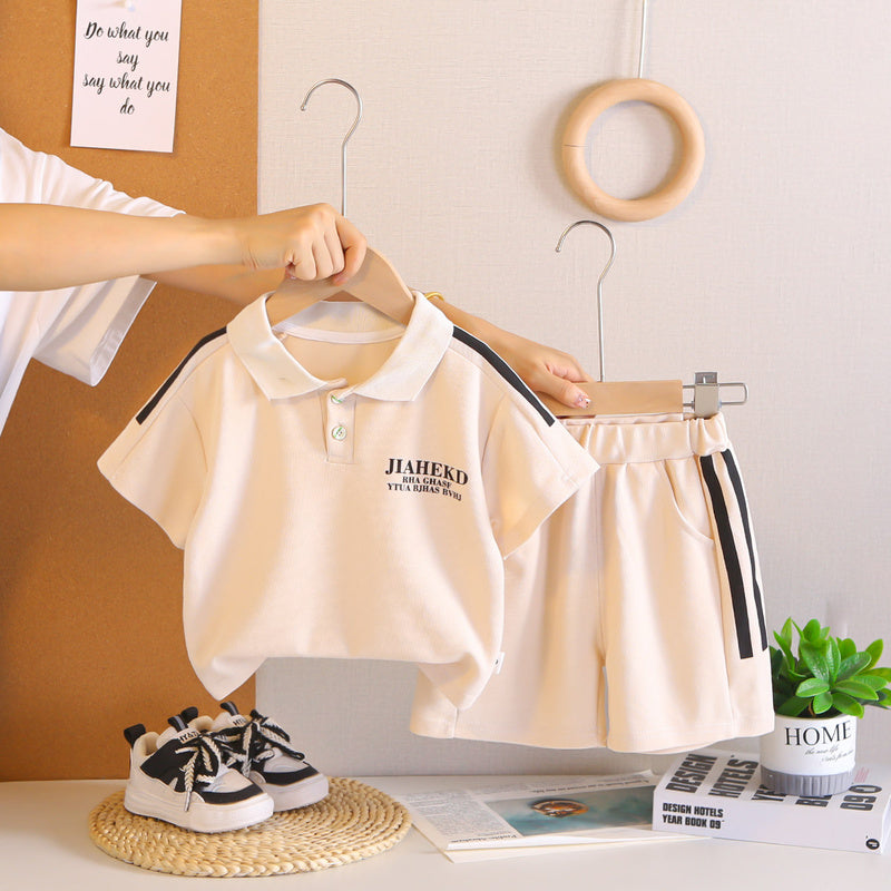 2026 Children's Fashionable Short-Sleeve Polo Shirt with Letter Print Boys' Suit Turn-Down Collar Summer Outfit Two-Piece Set Trendy