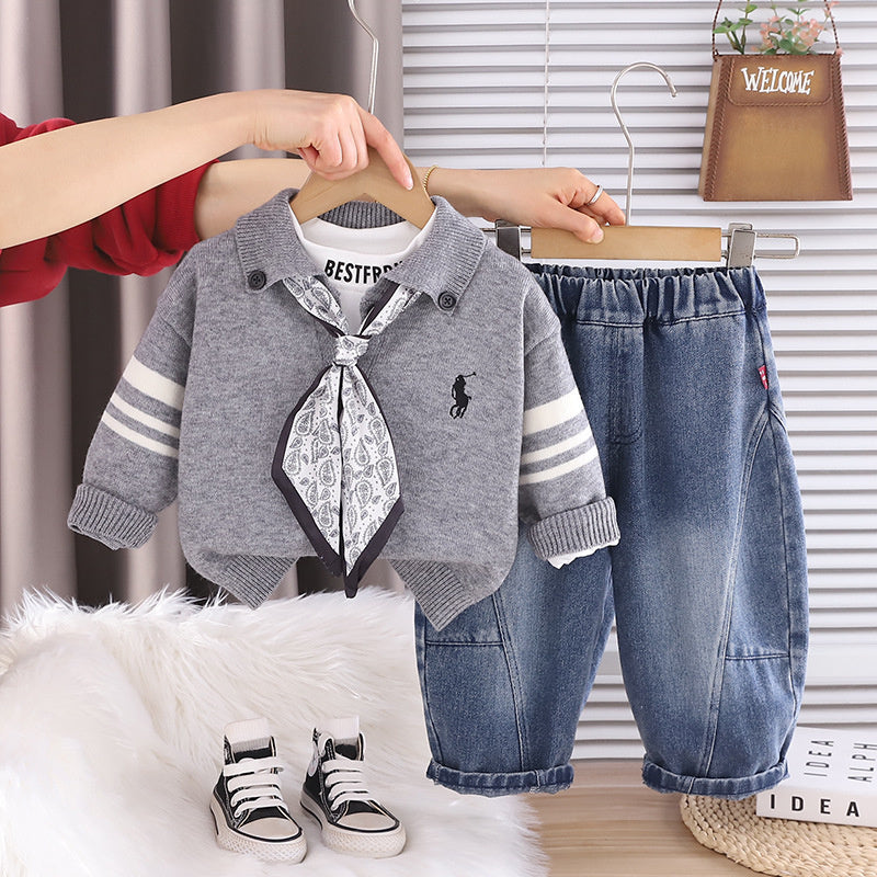 Baby boy outfit stylish clothing spring and autumn handsome infant children's wear silk scarf cardigan sweater three-piece set
