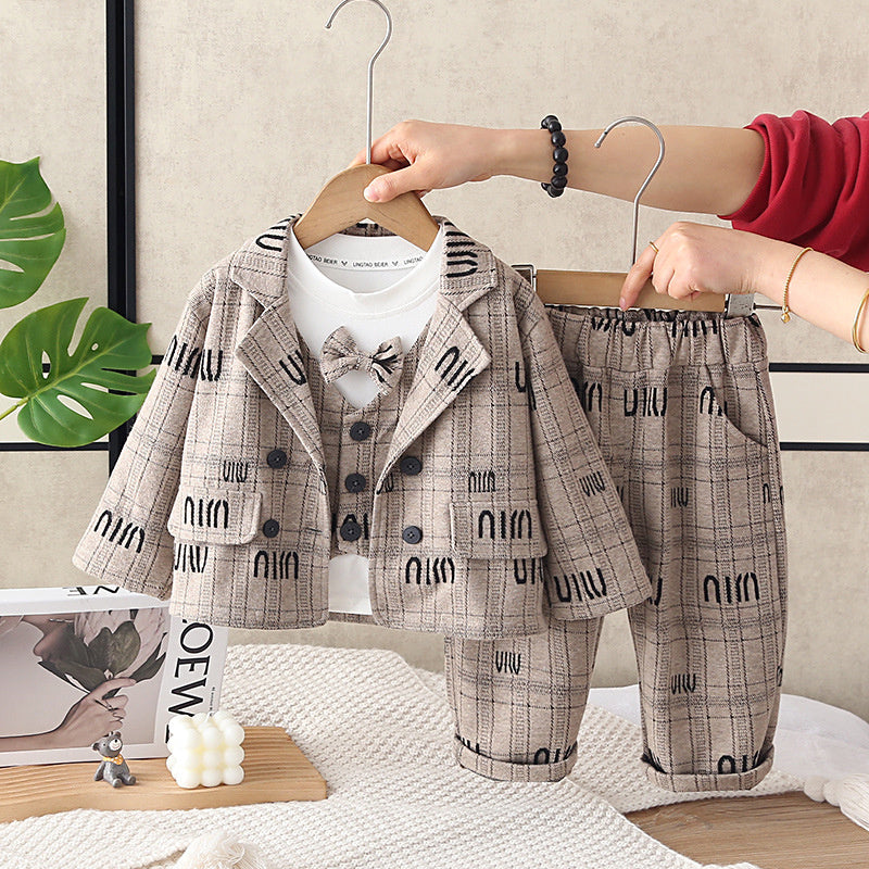 Boys' Outfit 2026 New Fashionable Babies, Spring Autumn Letter Pattern Plaid Suit Three-Piece Set for Infants and Toddlers