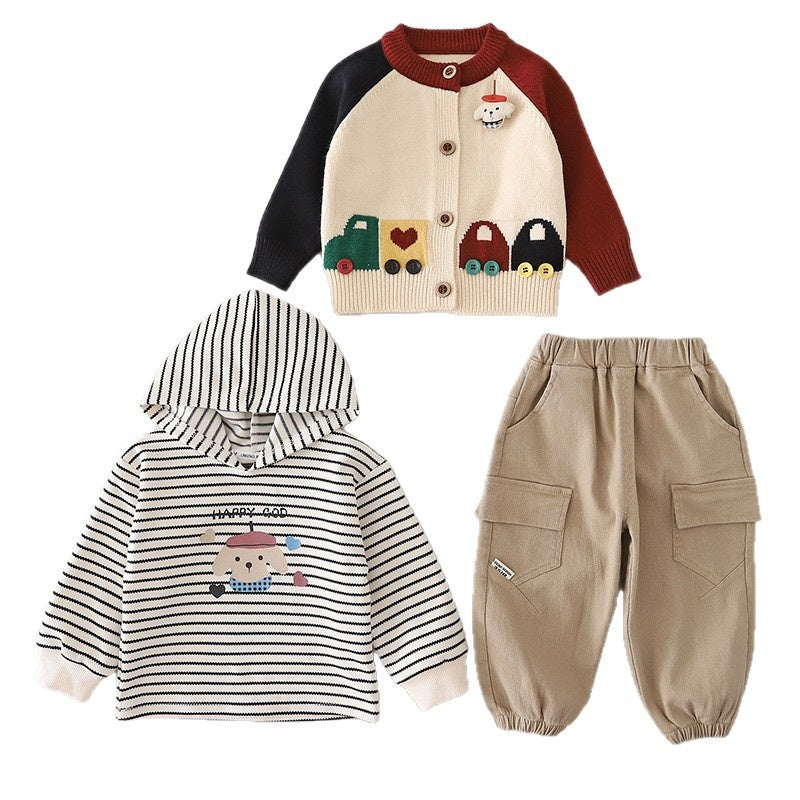 Boys' and Autumn Color-Block Car Three-Piece Set Infant Cartoon Casual Outfit for 1-4 Year Olds Baby Spring Clothes