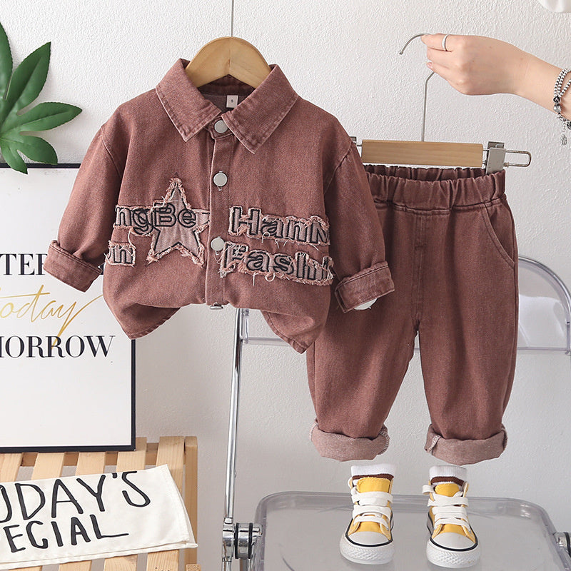 Boys' and Autumn Outfit 2026 New Style, Stylish Korean Version Young Boys, Spring Patchwork Denim Two-Piece Set for Children