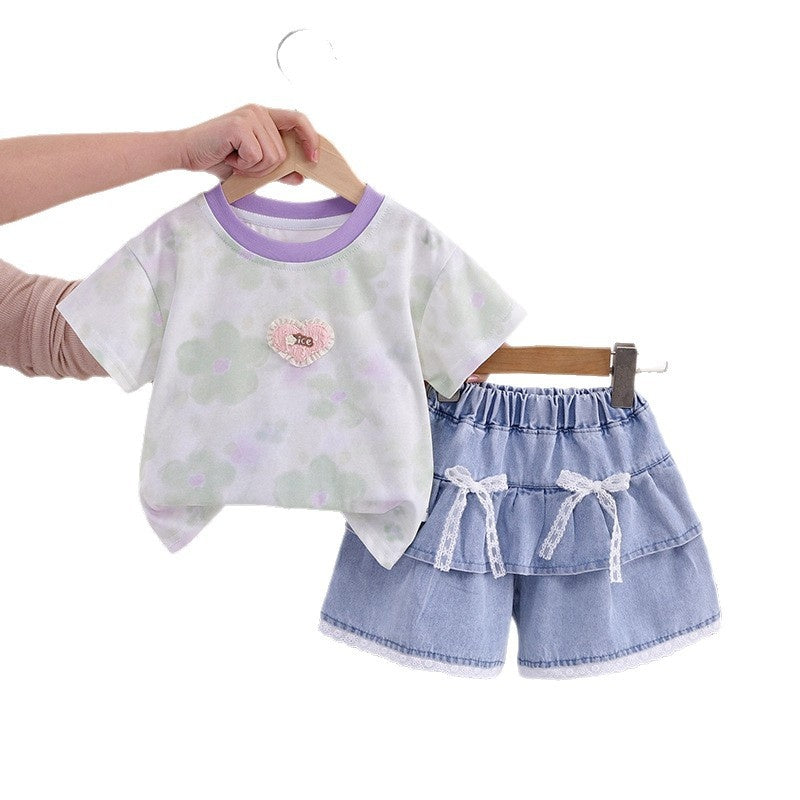 Girls' Outfit 2026 New Style Children's Casual Full-Print Floral Heart Pattern Thin Short-Sleeve Summer Two-Piece Set