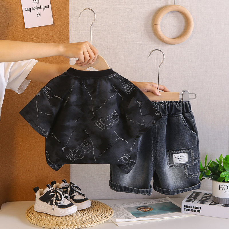 Boys' Outfit 2026 New Stylish Children's Summer Short Sleeve Baby Printed Diamond Sports Two-Piece Set Trendy Kids' Clothing