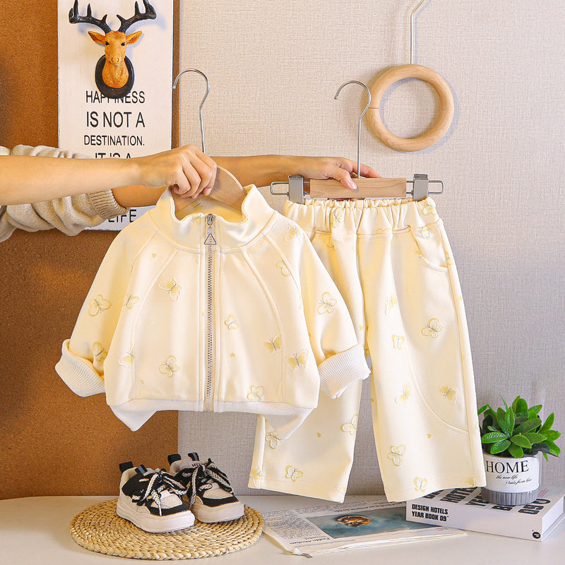 Baby children's clothing, baby girl outfit, heart-shaped butterfly set, Korean style fashionable girl's spring and autumn two-piece zipper set
