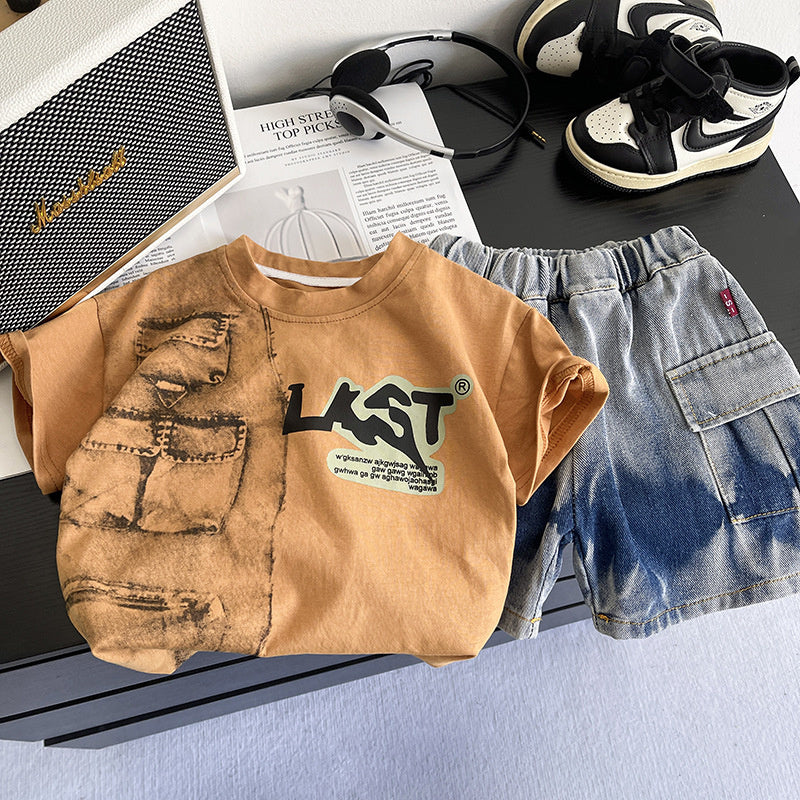 2026 Summer New Foreign Trade Style Boys' Round Neck Short Sleeve Baby Boy's Casual Denim Shorts Two-Piece Set, Dropshipping Available