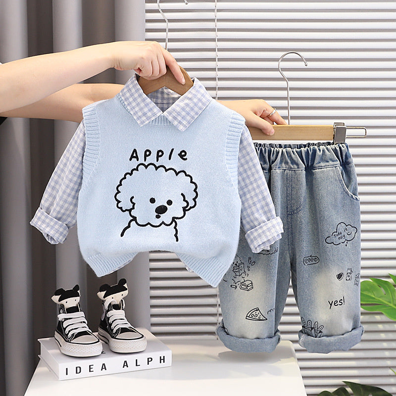 Children's and Autumn Outfit 2026 New Model Boys' Puppy Vest Clothes Baby Casual Spring Three-Piece Set