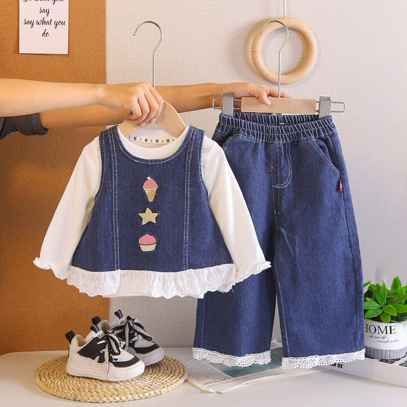 Girls' 2026 New Style Children's Baby Girl Cartoon Embroidered Denim Three-Piece Set Stylish Spring and Autumn Outfit for Little Girls