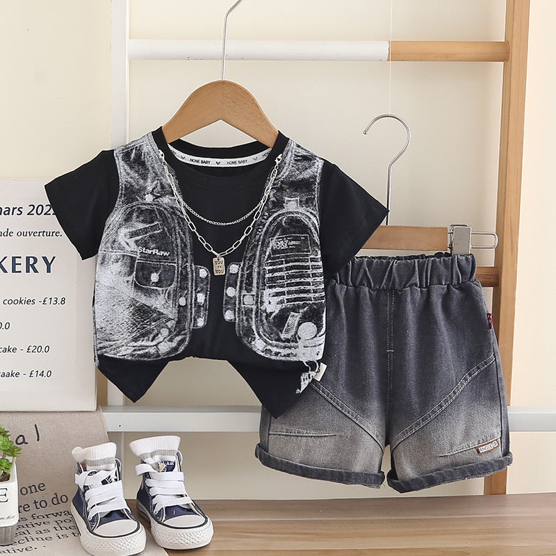Boys' Outfit 2026 New Style Toddler Baby Summer Casual Vest Short Sleeve Stylish Two-Piece Children's Clothing