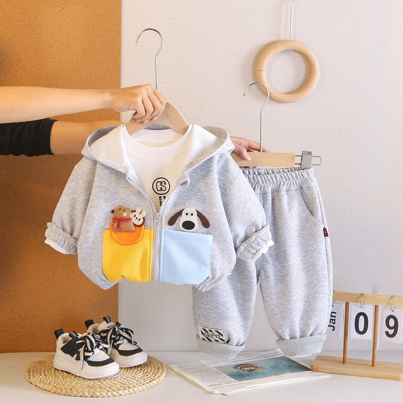 New Outfit Boys: Stylish Baby Three-Piece Set with Double Pockets Cartoon Hooded Jacket for Infants Children in Spring and Autumn