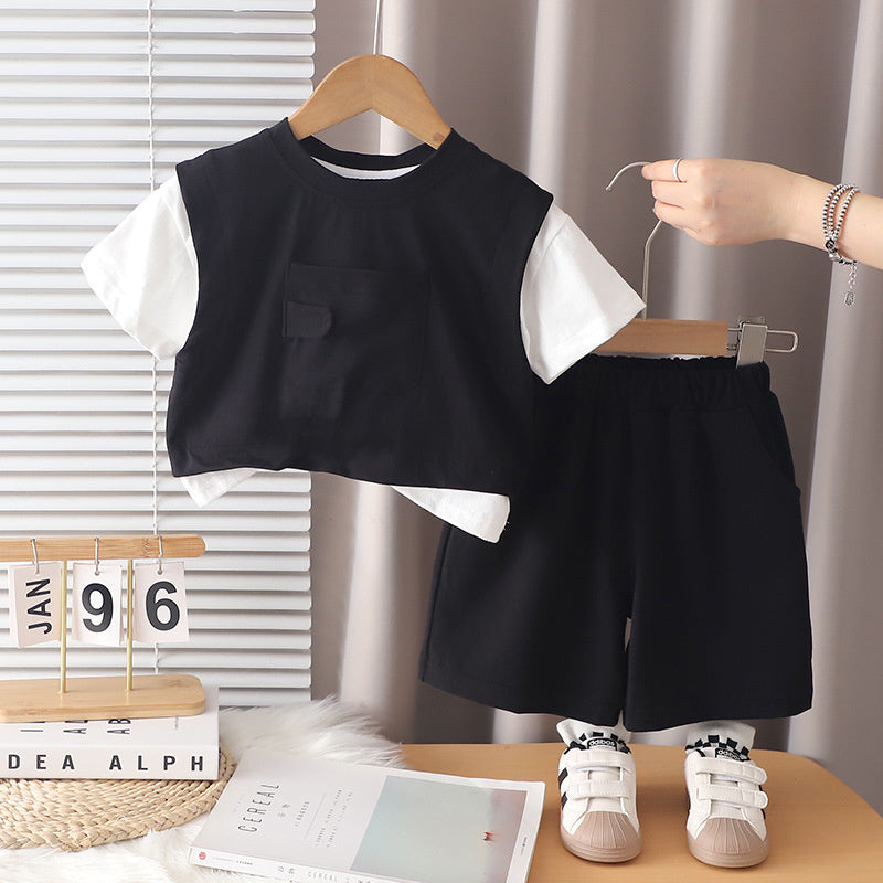 Boys' Summer Outfit 2026 New Fashionable Baby Toddler Single-Pocket Short-Sleeve Shorts Two-Piece Set Trendy