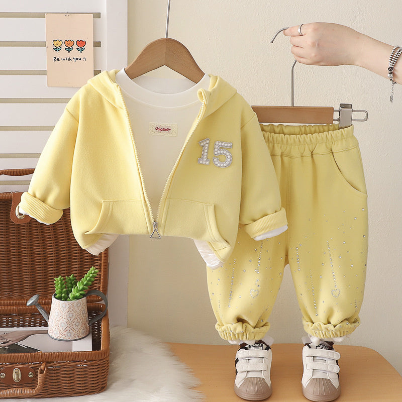 Girls' three-piece hooded suit, autumn 2026 new stylish jacket and pants, clothing for one-year-old baby girls, children's wear
