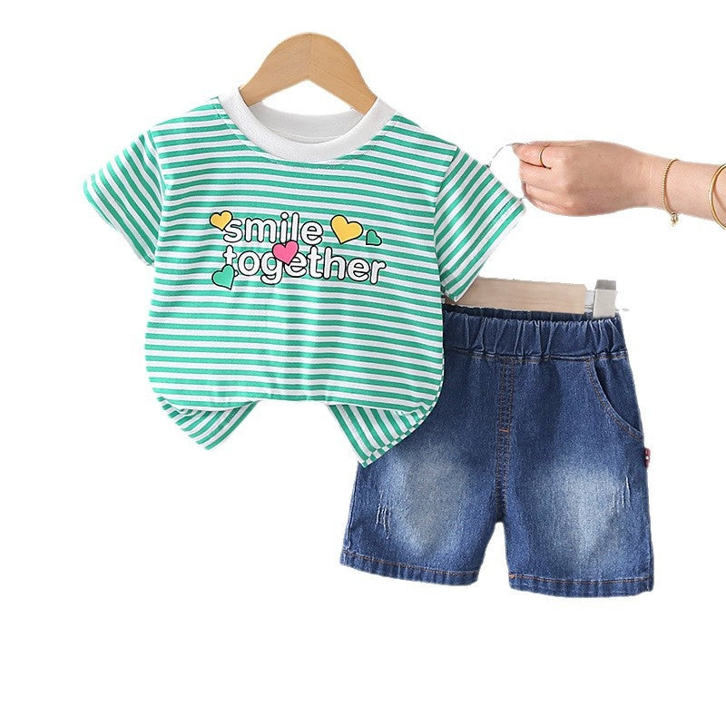 Boys' Short-Sleeve Summer Outfit 2026 New Children's Cartoon Cute Striped Heart Baby Shorts Two-Piece Set Trendy