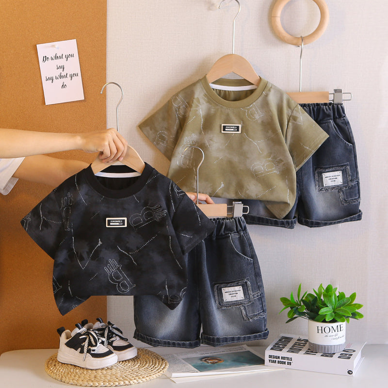 Boys' Outfit 2026 New Stylish Children's Summer Short Sleeve Baby Printed Diamond Sports Two-Piece Set Trendy Kids' Clothing
