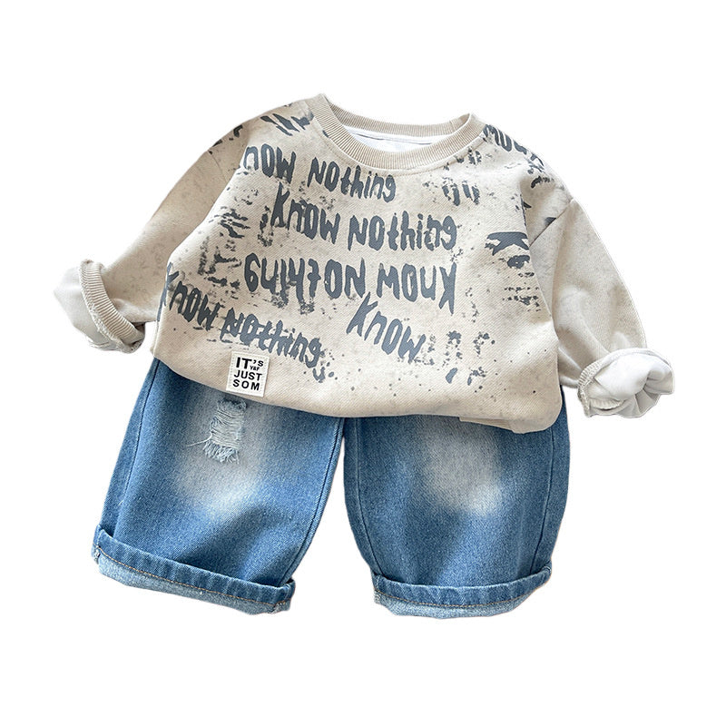 Boys' outfit with stylish letter-print sweatshirt denim pants set, cool spring clothing for toddlers and children