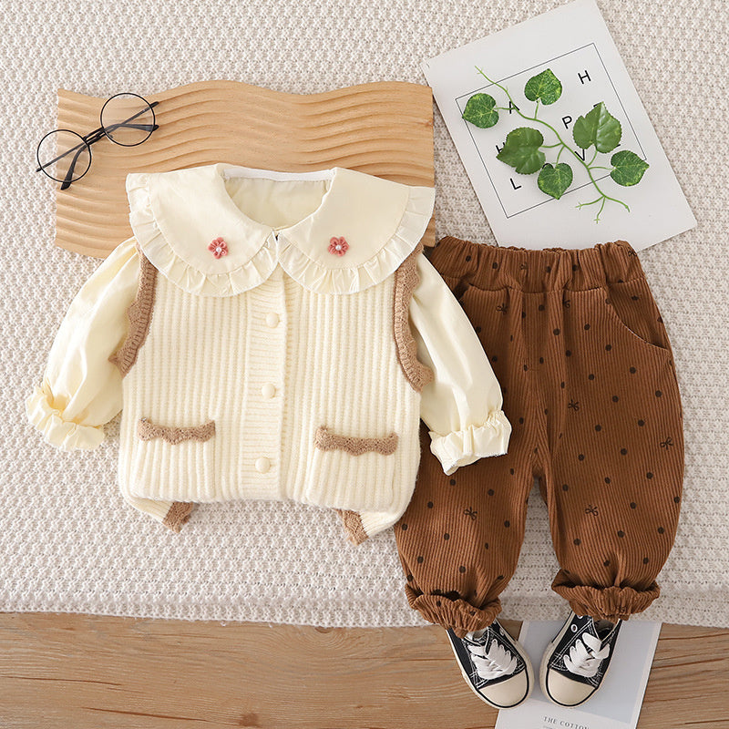 Girls' Spring Outfit for 1-2-3 Year Old Baby Girls, Stylish Fashionable Clothes, Children's Wear, Rabbit Ear Sweater Three-Piece Set
