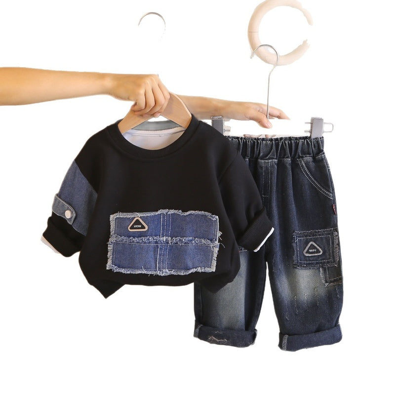 2026 Spring and Autumn New Style Boys' Korean Version Patchwork Denim Loose Sweatshirt with Spliced Sleeves, Two-Piece Set for Young Children
