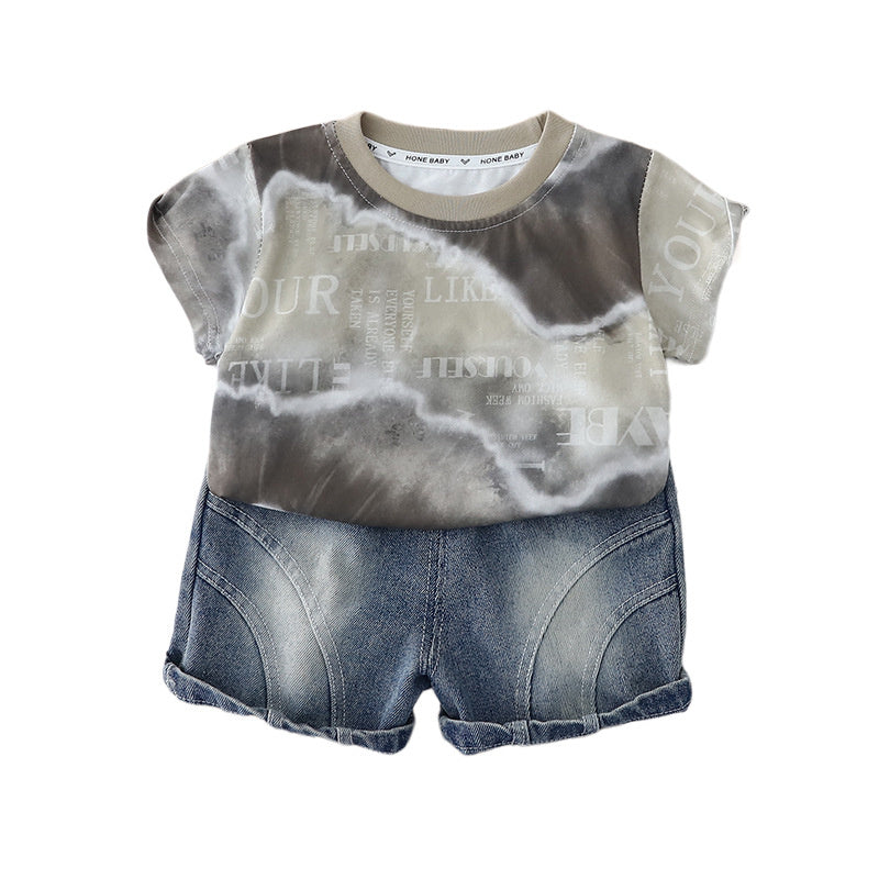 Boys' outfit, Korean style clothing for ages 1-5, casual and stylish summer wear, color-blocked short-sleeve two-piece set, T-shirt