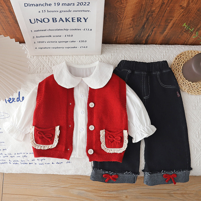 Girls' Outfit New Fashionable Trendy Baby Girl Pocket Cardigan Sweater Three-Piece Set Korean Style Spring and Autumn Fashion