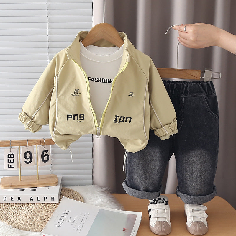 Boys' Autumn Casual Striped Letter Three-Piece Set 2026 New Korean Style Stylish Baby Clothing Outfit Trendy