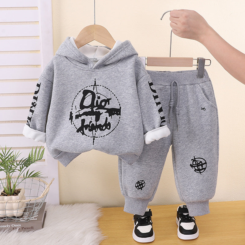 Baby Clothes Autumn and Winter, Korean Style Fleece-Lined Hooded Sweatshirt Two-Piece Set for Boys Aged 1-4 Years, Wholesale Children's Clothing