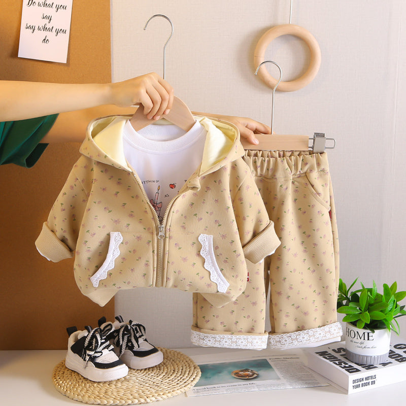 Girls' Outfit Stylish Baby Clothes Spring and Autumn Infant Toddler Full Print Small Flower Lace Three-Piece Set Trendy