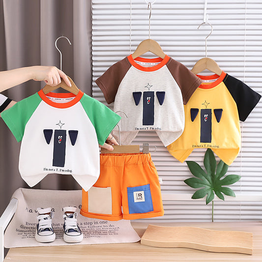 Boys' Summer Short-Sleeve Outfit 2026 New Fashionable Children's Round-Neck Puppy Print Raglan Sleeve Two-Piece Set Trendy
