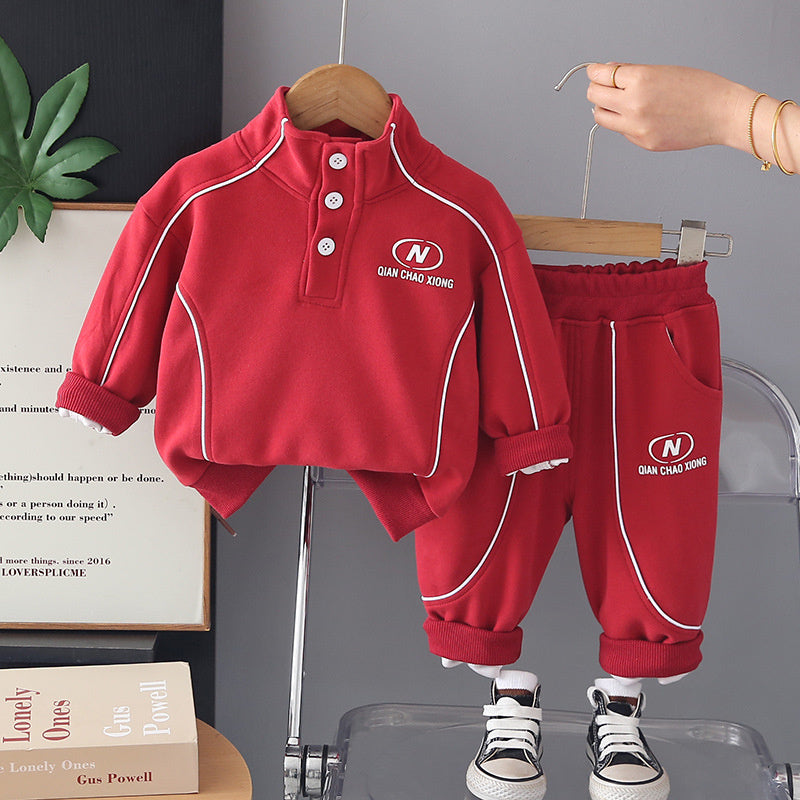 Boys' Outfit 2026 New Fashionable Baby Striped Stand Collar Sweatshirt Children's Spring and Autumn Stylish Two-Piece Set
