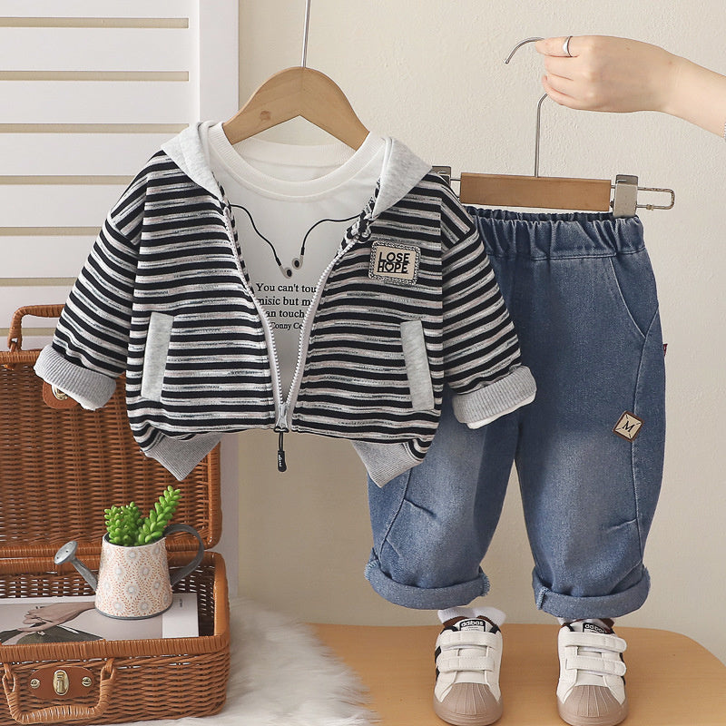 Boys' Outfit 2026 New Style Infant Children's Spring and Autumn Stylish Baby Boy Clothes Striped Hooded Three-Piece Set