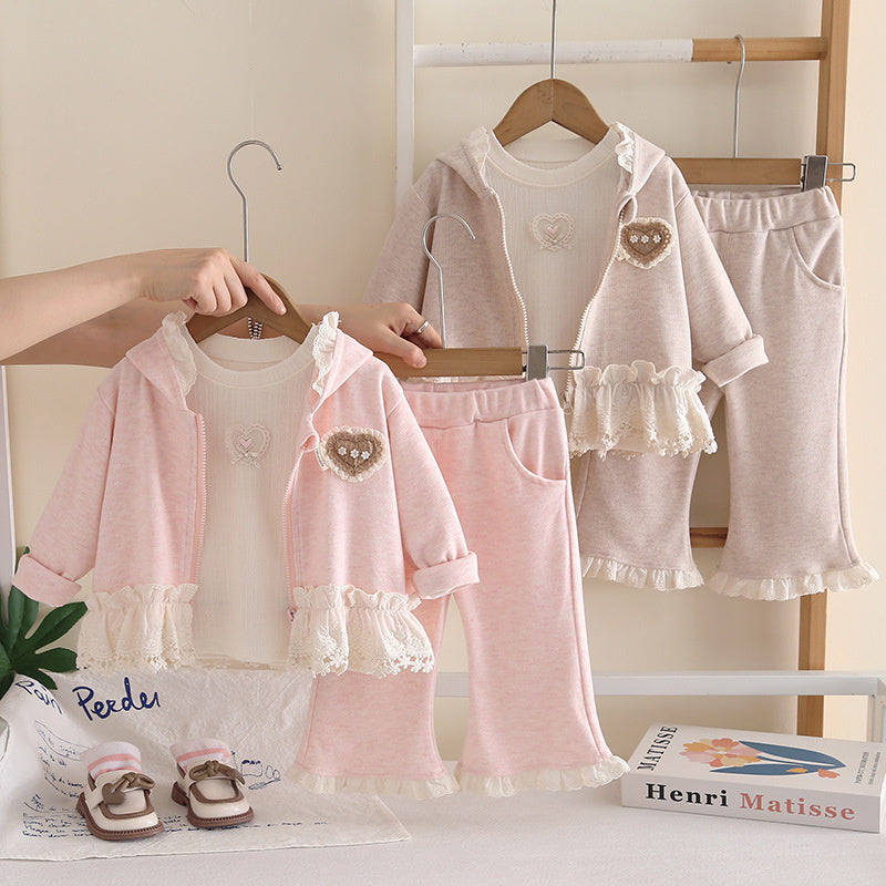 Girls' Outfit 2026 New Fashionable Baby Lace Collar Hooded Jacket Children's Clothing Spring and Autumn Three-Piece Set