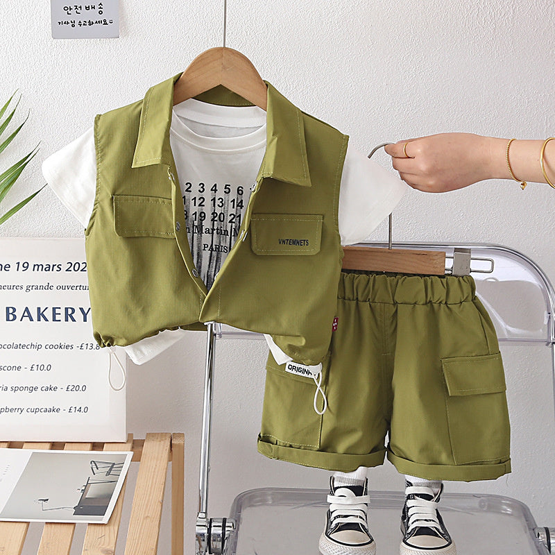 Children's Outfit for Boys 2026 New Cool and Stylish Baby Casual Letter Print Short Sleeve Three-Piece Summer Clothes